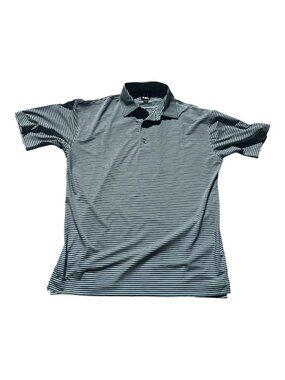 FJ FOOTJOY Men's Golf Shirt Size Large Blue Stripes **Co Name on Sleeve